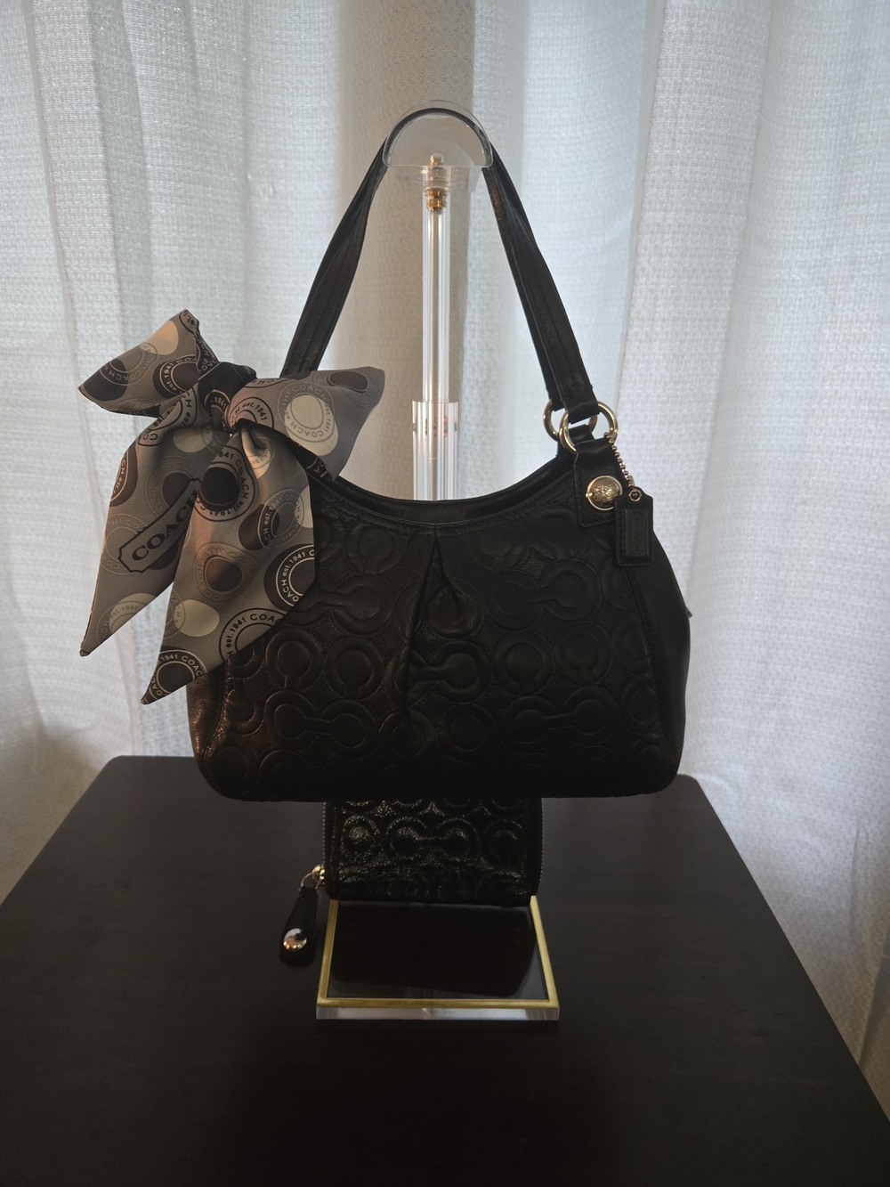 Coach Quilted Black Shoulder Bag with Signature Scarf